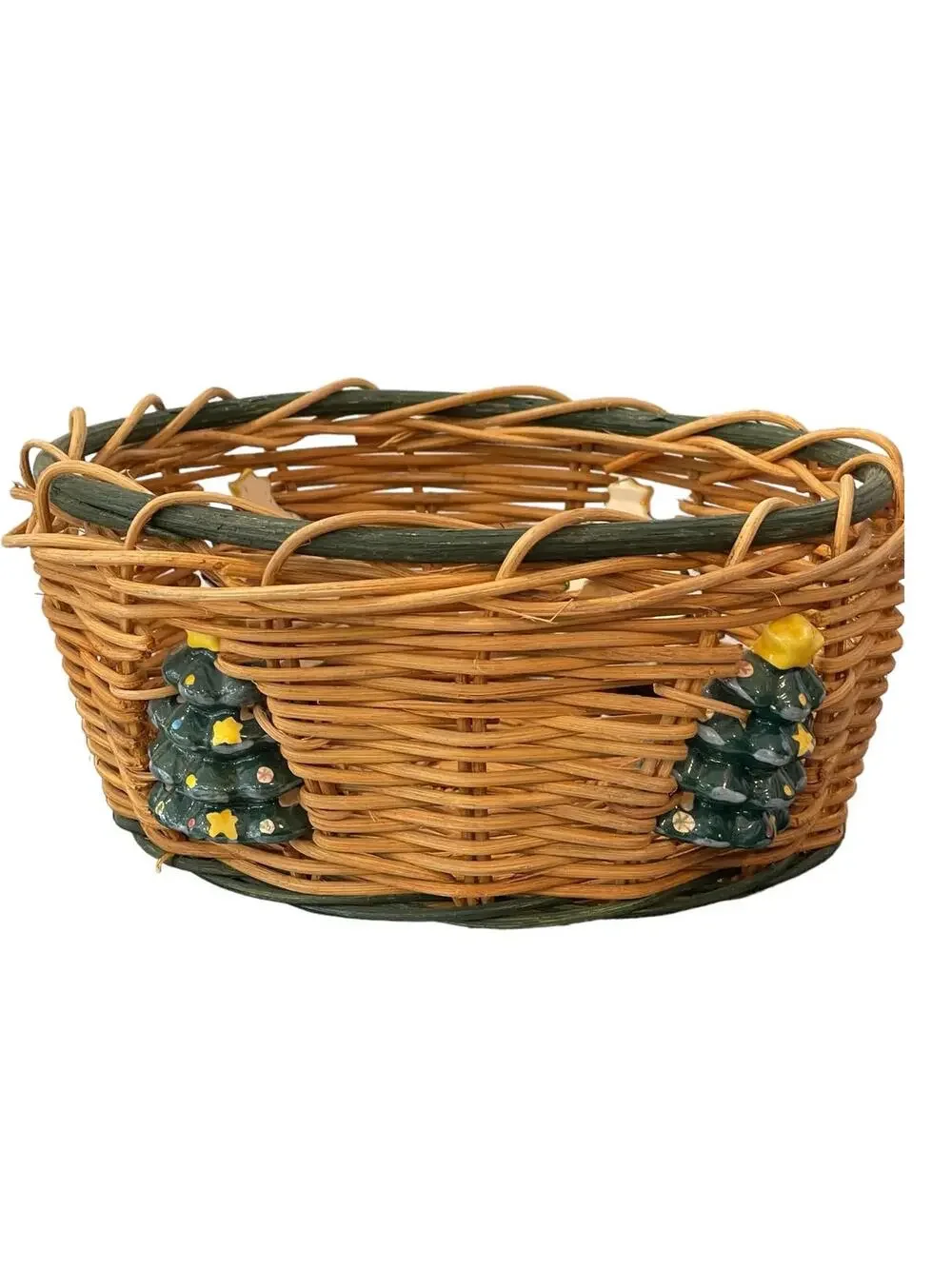 Decorative Round Wicker Holiday Basket with Ceramic Christmas Trees